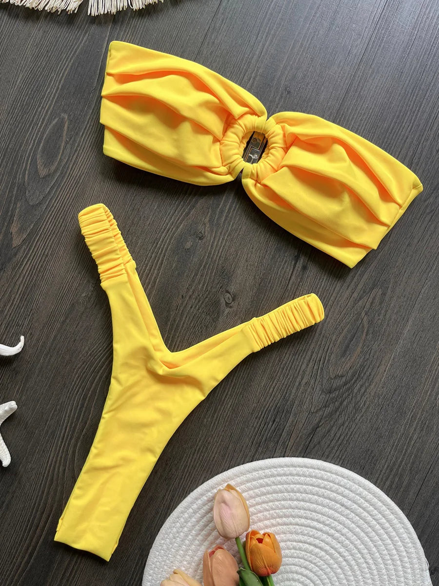 Wrinkled Bandeau High Cut Mini Thong Bikini Female Swimsuit Women Swimwear Two-pieces Bikini Set Bather Bathing Suit Swim Lady