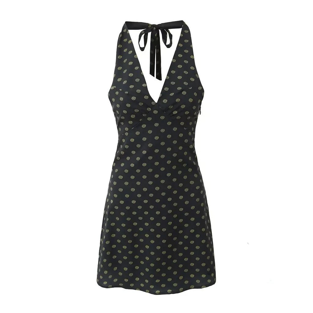 V Neck French Style Summer Women Dress Printed Boho Short Black Beach Dress Party Vintage Backless Tie Up Sexy Halter Dress 2025