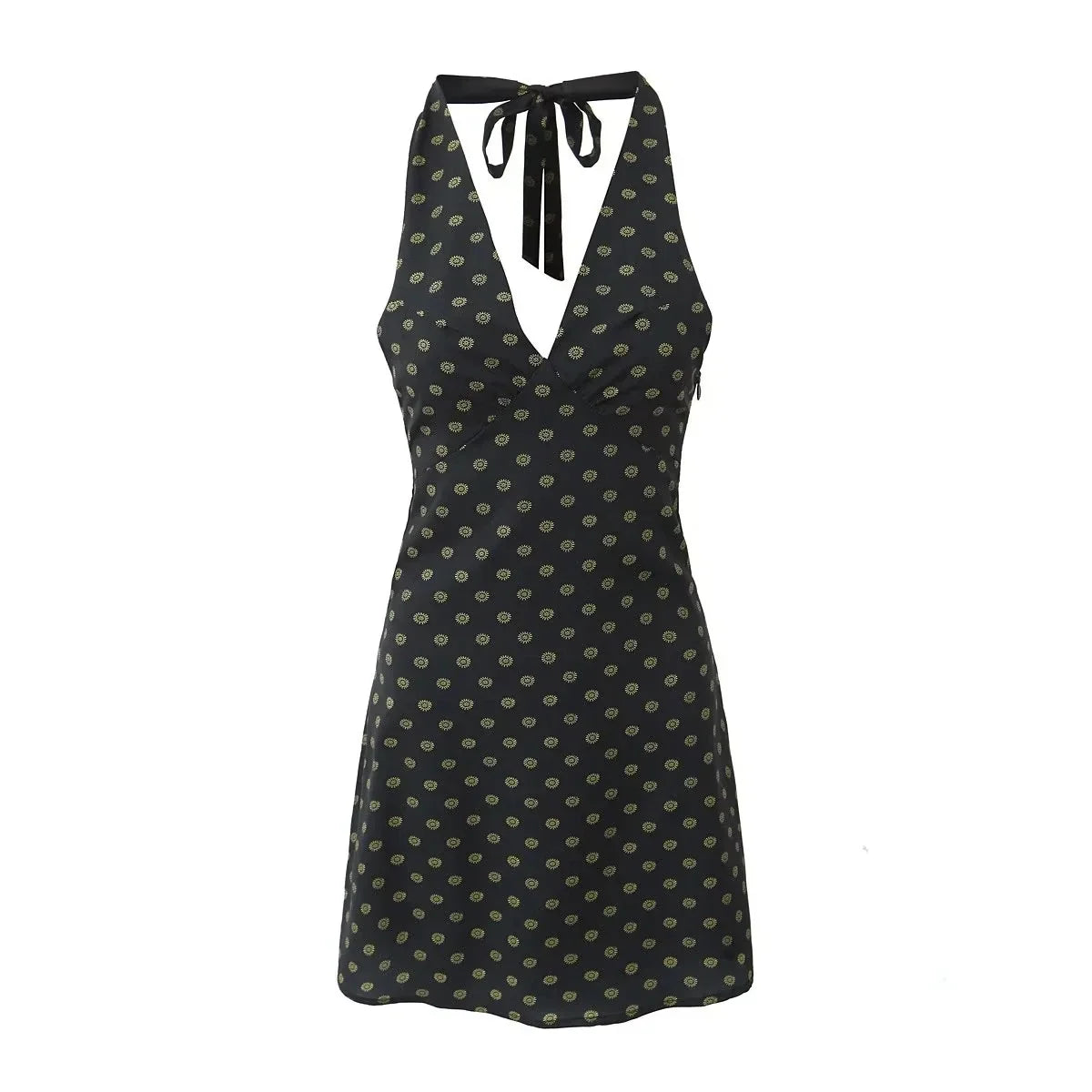 V Neck French Style Summer Women Dress Printed Boho Short Black Beach Dress Party Vintage Backless Tie Up Sexy Halter Dress 2025