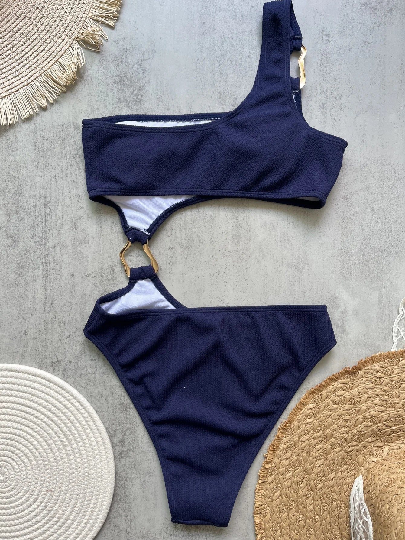 Women's One Piece Swimsuit Ring Cut Out Front High Cut Cheeky Bathing Suit Monokini Swimwear One Shoulder Ribbed Monokini