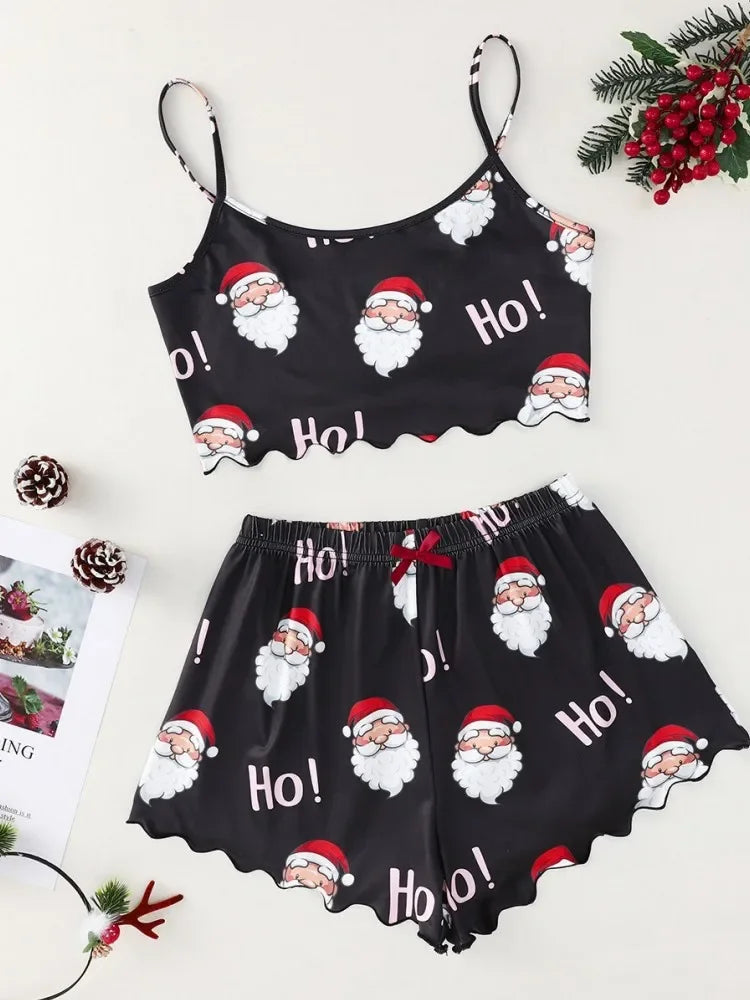 Women's Sleepwear Christmas Santa Print Pajama Set Spaghetti Strap Crew Neck Top and Shorts Set Home Wear Loungewear