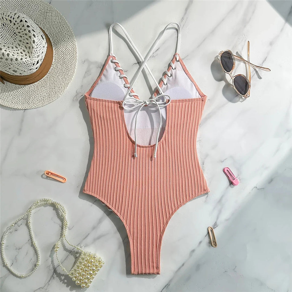 5 Colors V Neck Ribbed Cross Back One Piece Swimsuit Women Swimwear Female High Leg Cut Monokini  Bather Bathing Suit Swim V6278