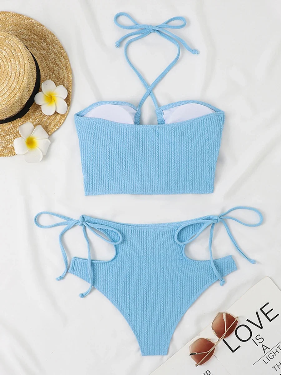 2026 Sexy High Wasited Swimsuit Women Solid Bikini Hollow Out Cross Swimwear Female Bathers Bathing Swimming Swim Suit Beachwear
