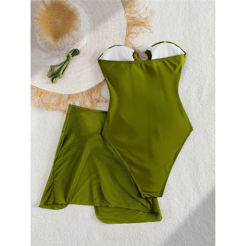 XS - L 6 Colors With Skirt Cut Out Women Swimwear Bandeau Metal Ring Bather Bathing Suit Swim One Piece Swimsuit Female K8108