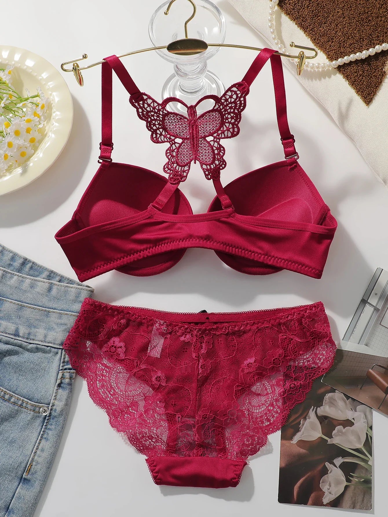 Women's sexy embroidered lace lingerie set for front gathered push ups back butterfly comfortable and close fitting bra set 2120