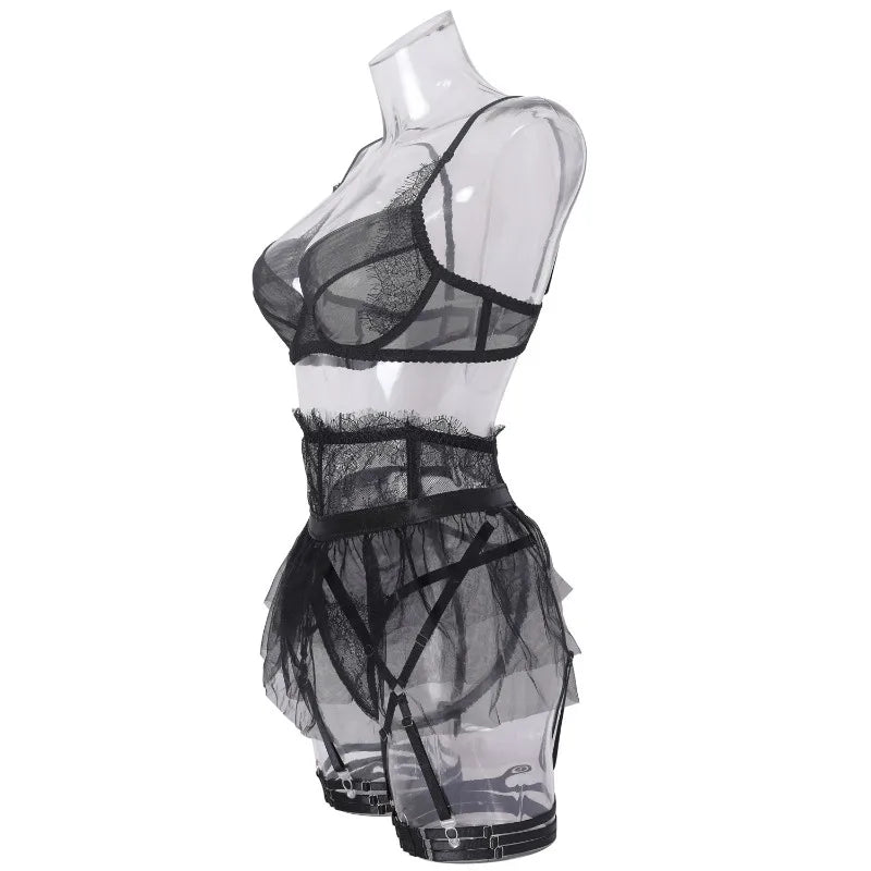 Toucheart 4 Piece Set Sexy Lingerie Set Lace Perspective Bra Women Mesh Patchwork Ruffled Skirt Garter Socks Sexy Underwear Suit