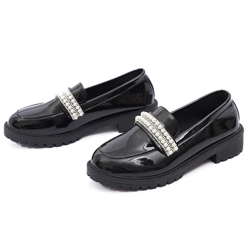 Fashion Pearls Decor Platform Loafers Women College Style Thick Heels Pu Leather Shoes Woman Plus Size 43 Student Shoes Female