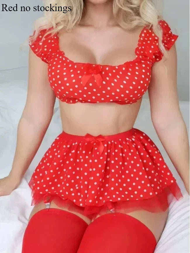 Women's Polka Dot Shoulder Revealing Puffy Skirt Set Sexy Lace Top Skirt Thongs Underwear Suits Mesh Perspective Exotic Sets