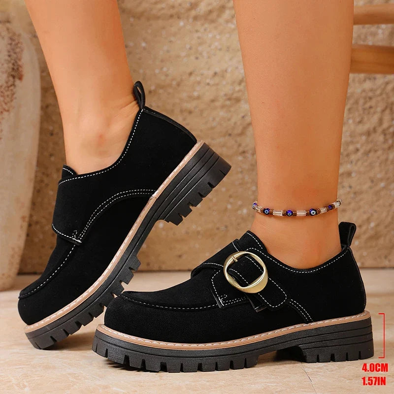 Fashion Buckle Women's Platform Loafers Plus Size 43 Thick Bottom Office Work Shoes Women Non Slip Flock Single Shoes Woman
