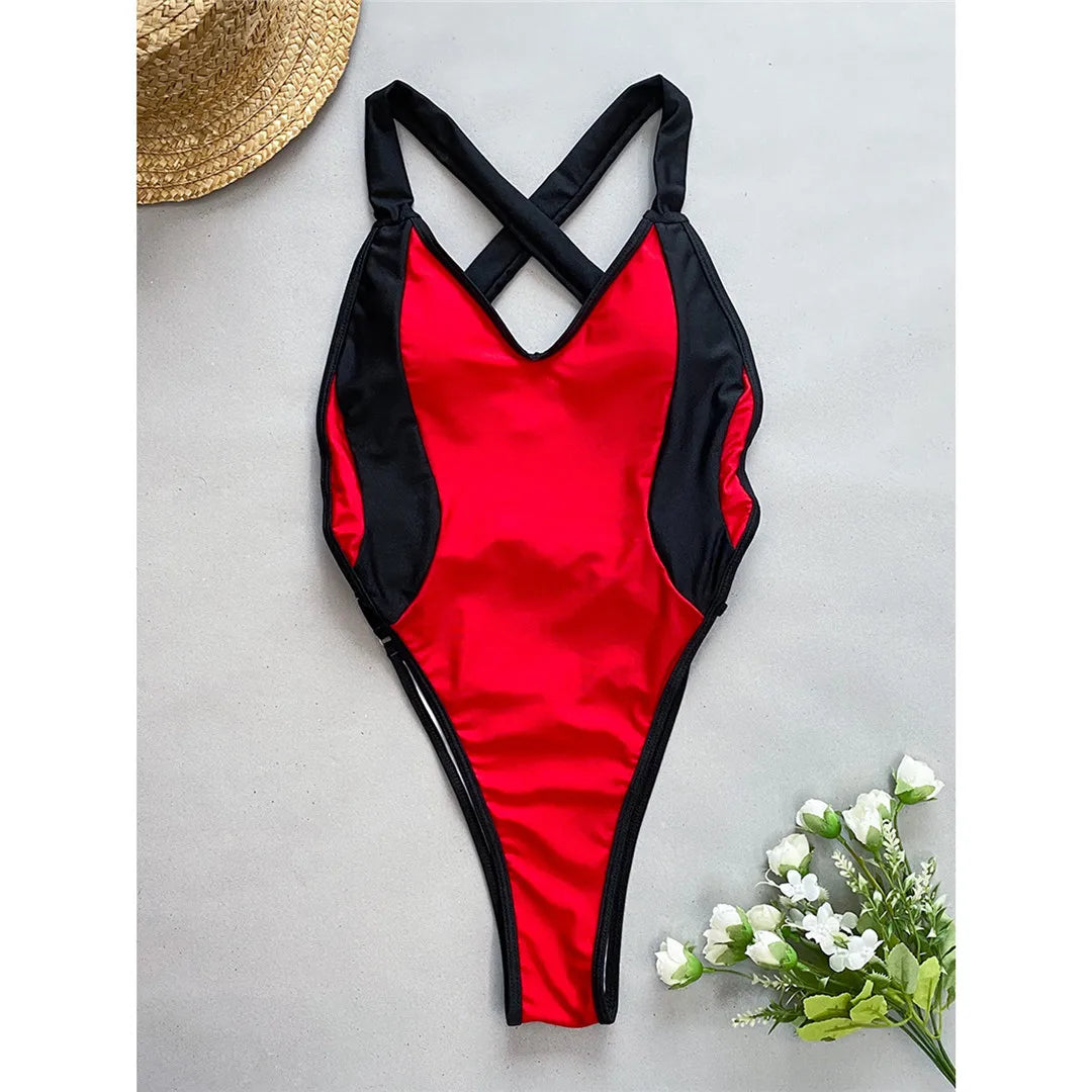 Sexy Splicing V Neck Cross Back Women Swimwear One Piece Swimsuit Female High Leg Cut Monokini Bather Bathing Suit Swim V5261