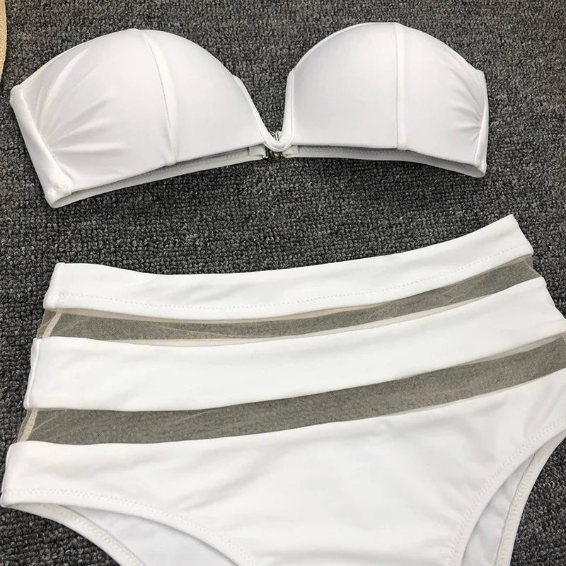 V Shaped Bandeau High Waist Bikini Women Swimsuit Female Swimwear Two-pieces Bikini Set with Bra Cup Bathing Suit Swim Beachwear