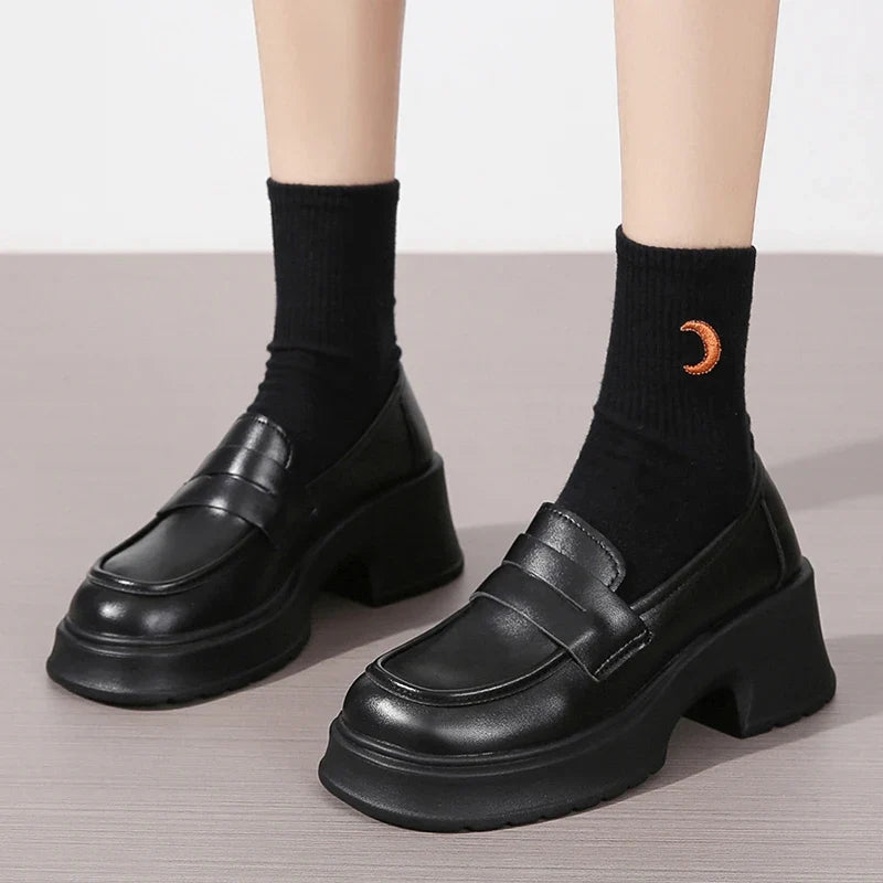 Brown Pu Leather Platform Loafers for Women British Style Round Toe Thick Heel Pumps Woman Slip On High Heels Office Shoes Lady