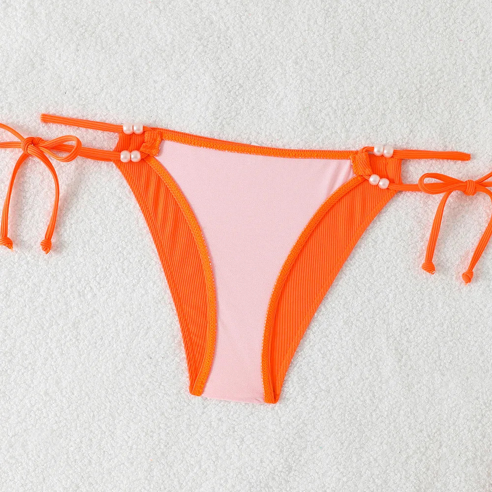 Sexy Orange Bikini 2025 Women Pearls Strap Push Up Drawstring Side Thong Swimsuit Luxury Lace Up Beach Bathing Suit Swimwear