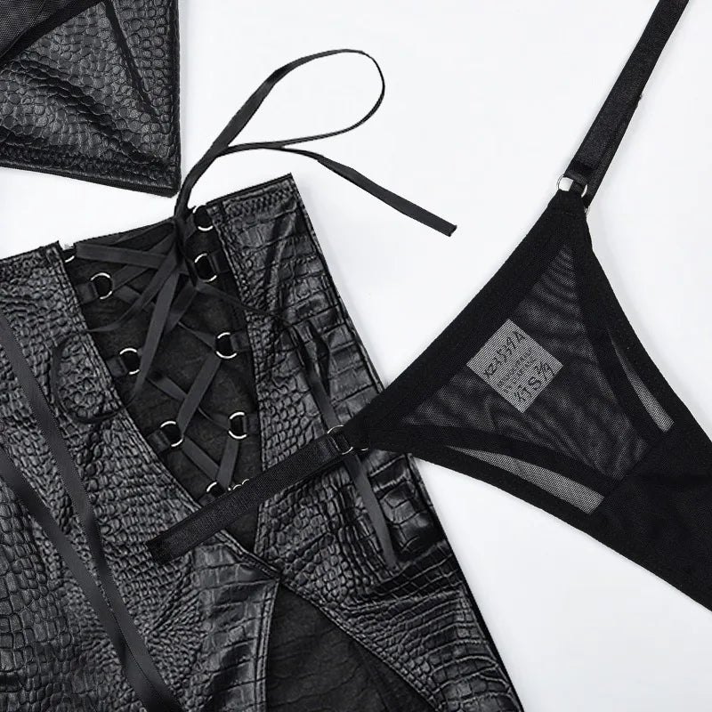 Toucheart Erotic Lingerie New High-quality Leather and Fabric Spliced mesh Sexy Strap Cross Halter Neck Sexy Hot Underwear Set