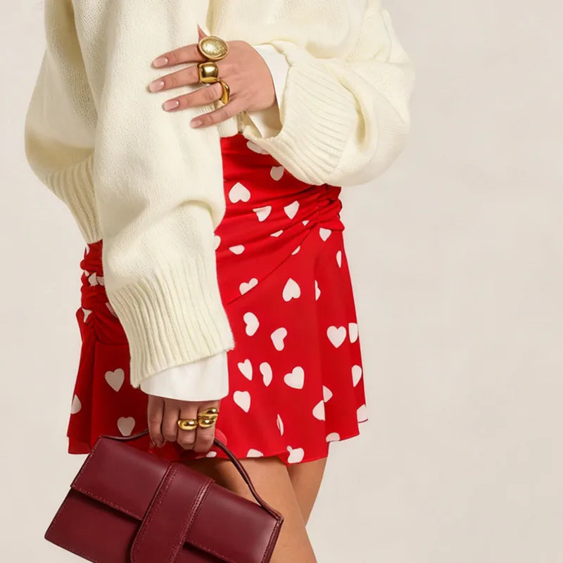 Women Heart Print Ruched Skirt Fashion Streetwear Casual Mini Skirt Valentine'S Day Mini Skirts High Waist Skirts Streetwear