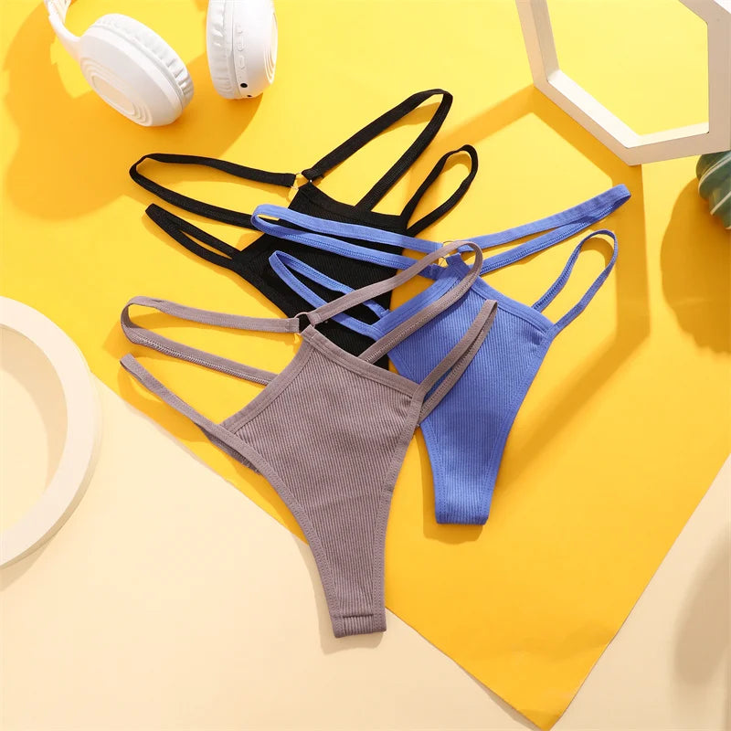 5PCS Women Sexy Cotton Panties Two Belts Hollow Out G-String Thongs Breathable Underwear for Female Solid Color Lingerie S-XL