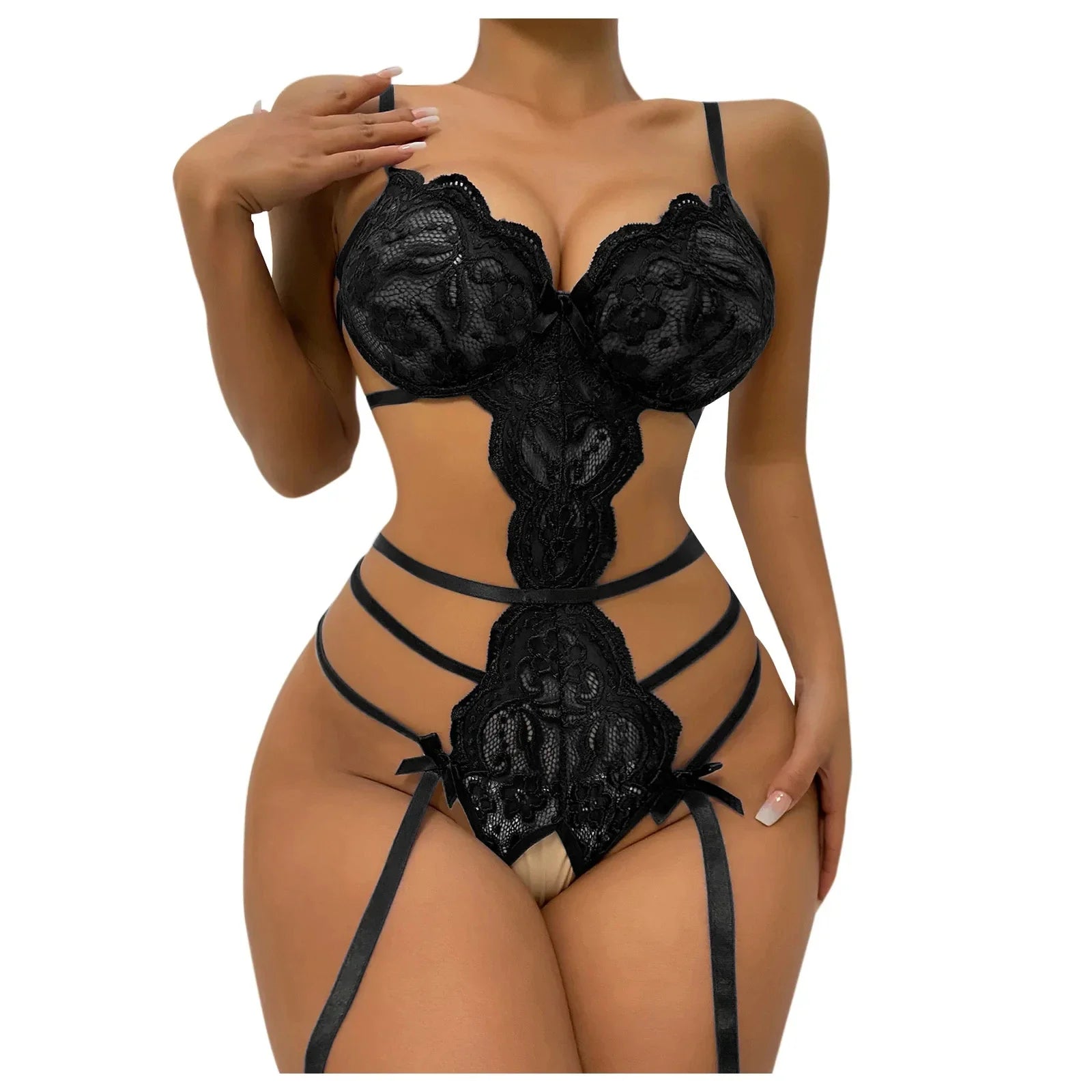 Women’s Sexy Lace Lingerie Set – Sheer Ruffle Bra & Strappy High-Waist Thong, Elegant Transparent Underwear