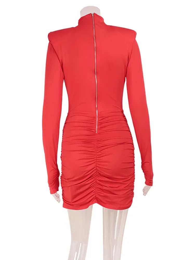 Ahagaga Eelgant Fashion Dresses For Women Solid Zipper Sheath Pleated Hollow Out Regular Long Sleeves Turtleneck Shoulder Pad
