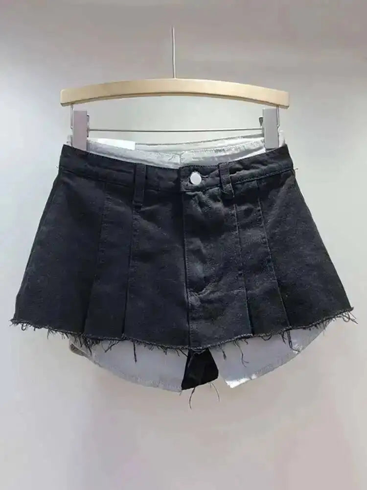 Women's Denim Skirt High Waist Pleated Patchwork Contrast Color Big Pockets Burrs A-line Mini Skirt 2026 Summer New SKIRTS 7W7E