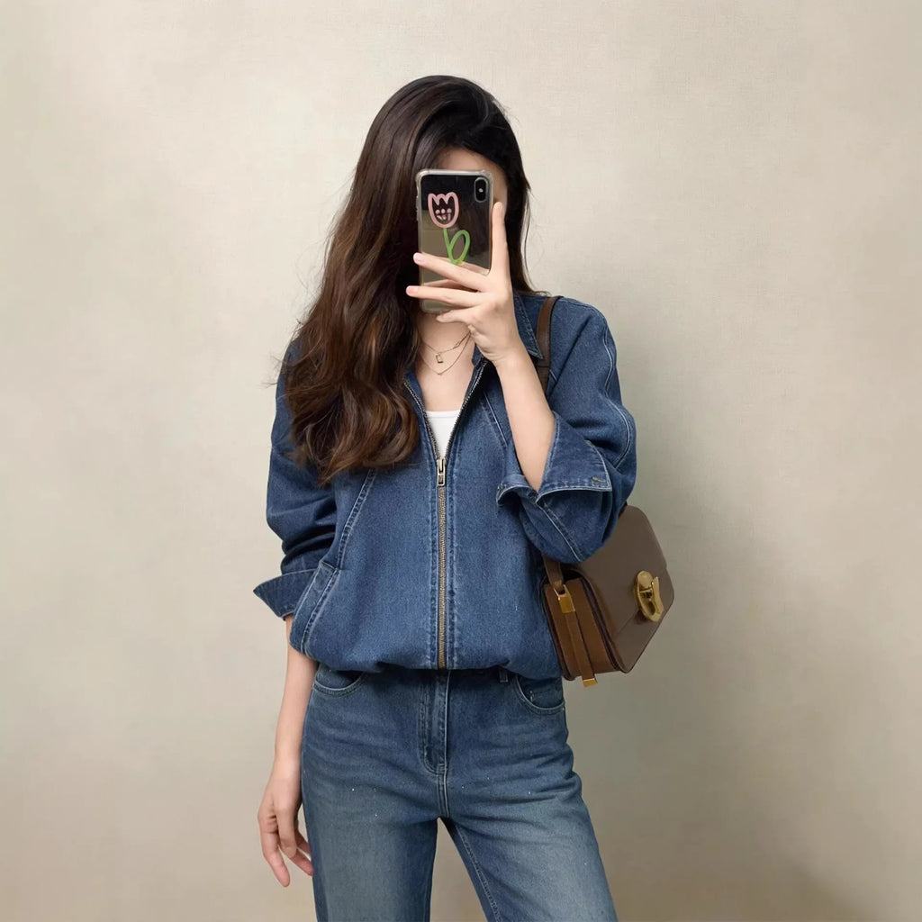 Spring denim shirt petite short denim lapel jacket