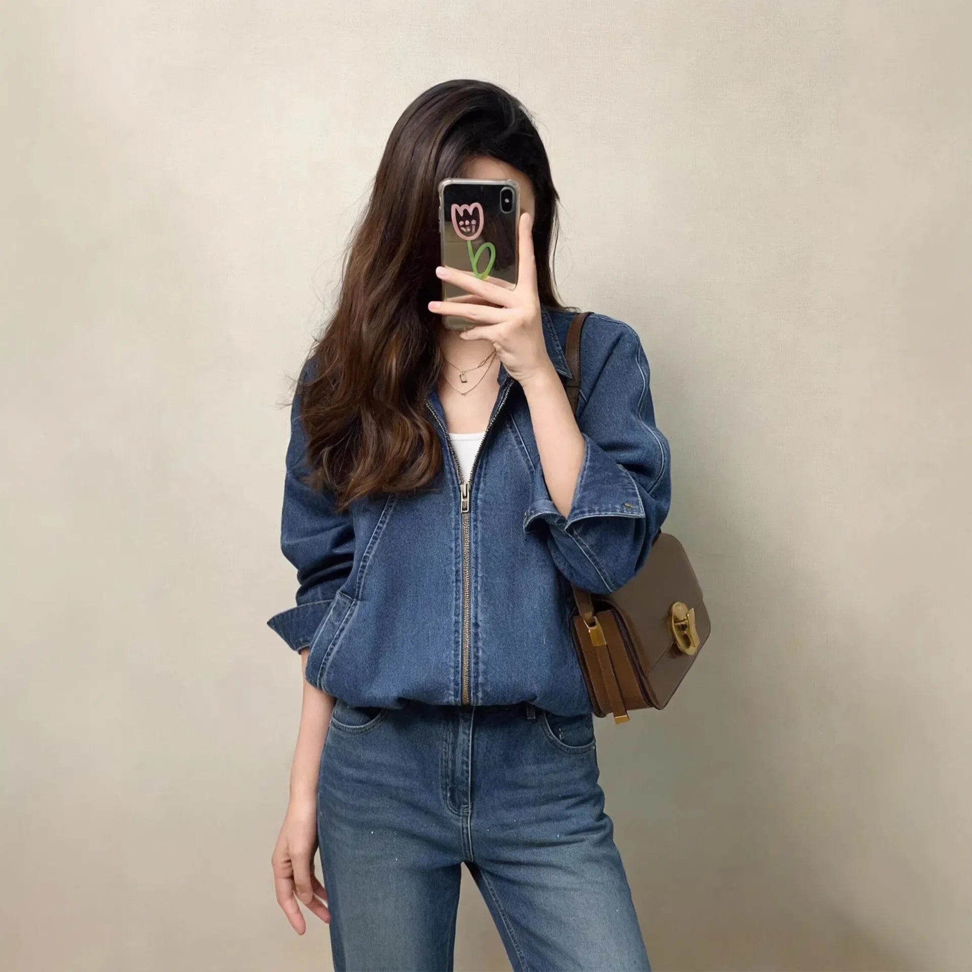 Spring denim shirt petite short denim lapel jacket