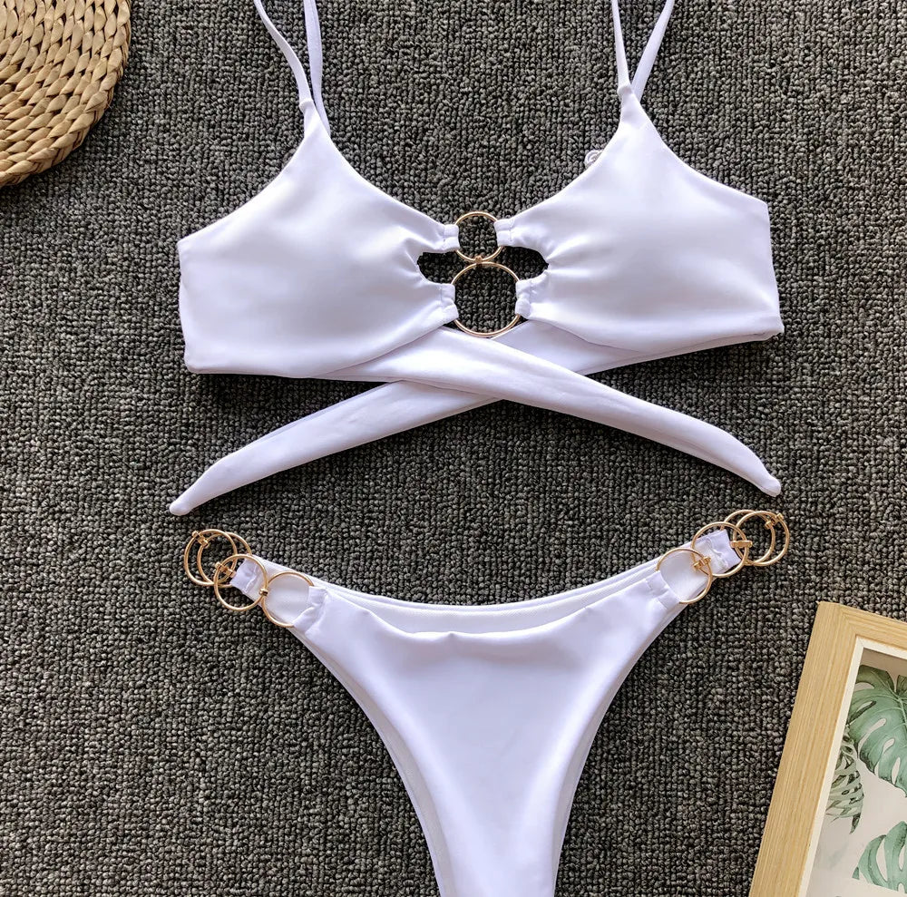 2026 Sexy Bikini Women Swimwear Swimsuit Solid Leopard Metal Ring Bikinis Set Bathing Suit Beach Bikini Female Biquinis Feminino