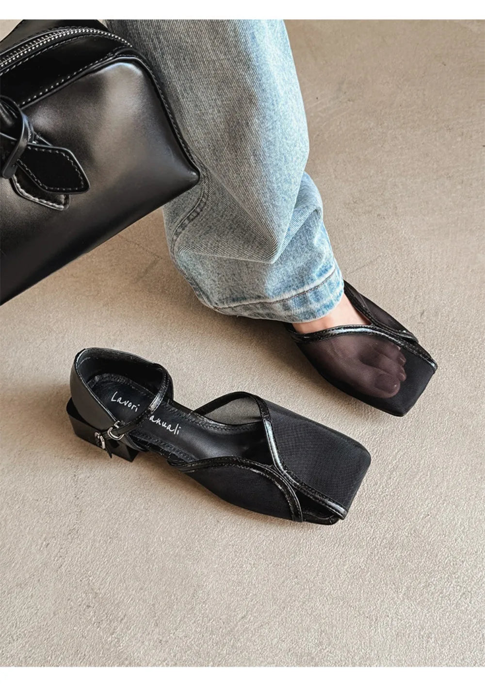 Summer Shallow Women Silver Flats Square Toe Design Beach Sandals Black Mesh Breathable Organza Mary Janes Chaussure Femmes