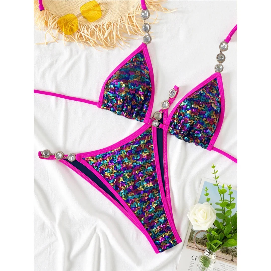 S - XL New Sequins Rhinestones Halter Bikini Female Swimsuit Women Swimwear Two-Pieces Bikini Set Bather Bathing Suit Swim V8359