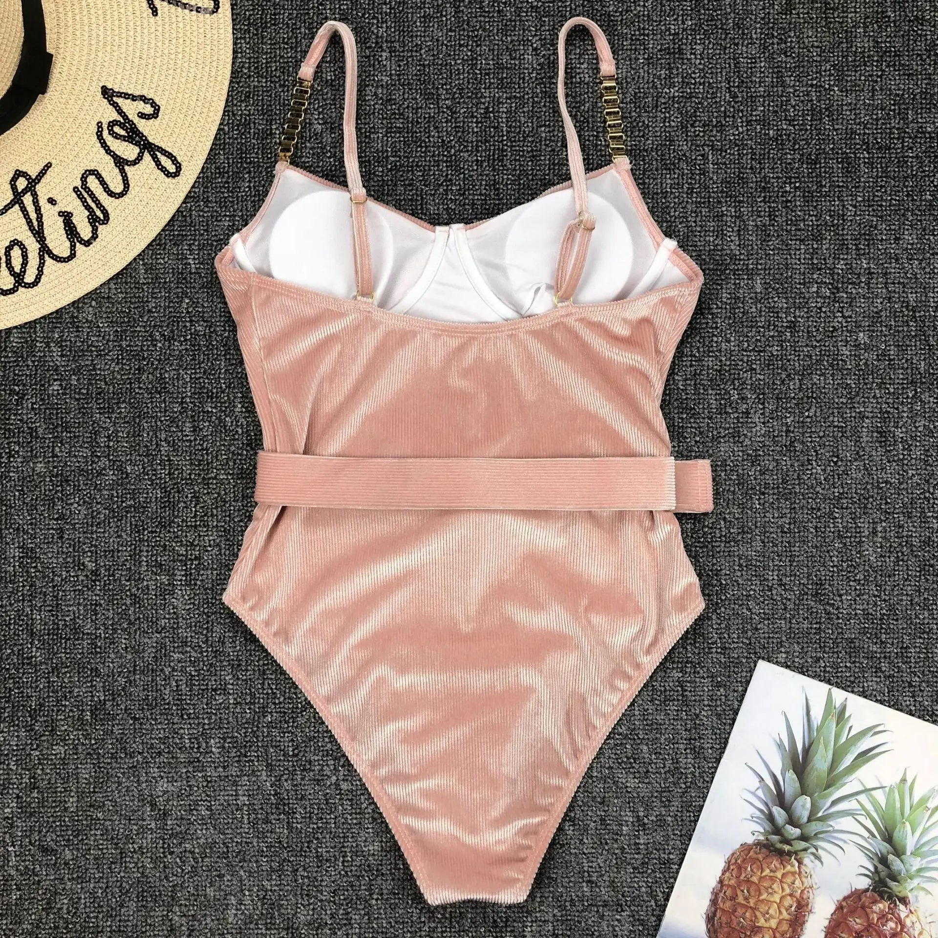 2026 High Quality Sexy One Piece Swimsuit Swimwear Women Push Up Pit Striped Metal Chain Straps Bathing Suit Beachwear with Belt