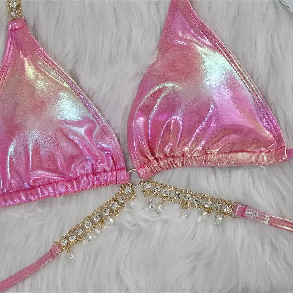 DEKA Shiny Diamond Chain Bikinis Set Mujer Two Pieces Crystal diamond Swimsuit Women Thong Swimwear Sexy Halter Swimsuit