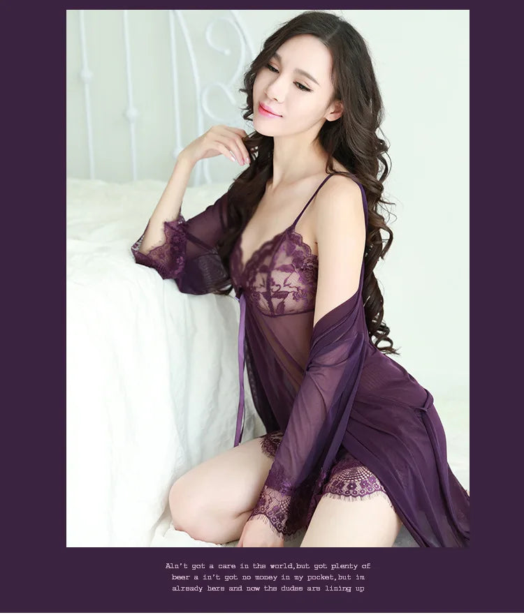 TJ large size see-through suspender sexy temptation lace nightgown temptation mesh pajamas