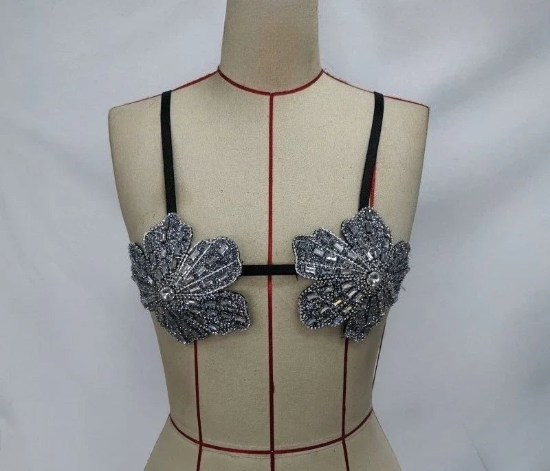 YOUR BUMP CURVE Handmade crystal bra flower embroidery inlaid metal rhinestones short top sexy women beach pool yacht sea party