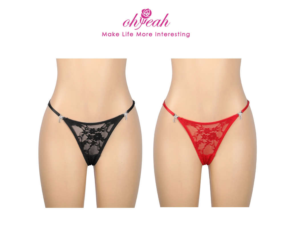 Black Lace Mesh Panty for Women See Through Adjustable Waistband Rhinestone Bow Decorative Buttons Plus Size Thong Underwear