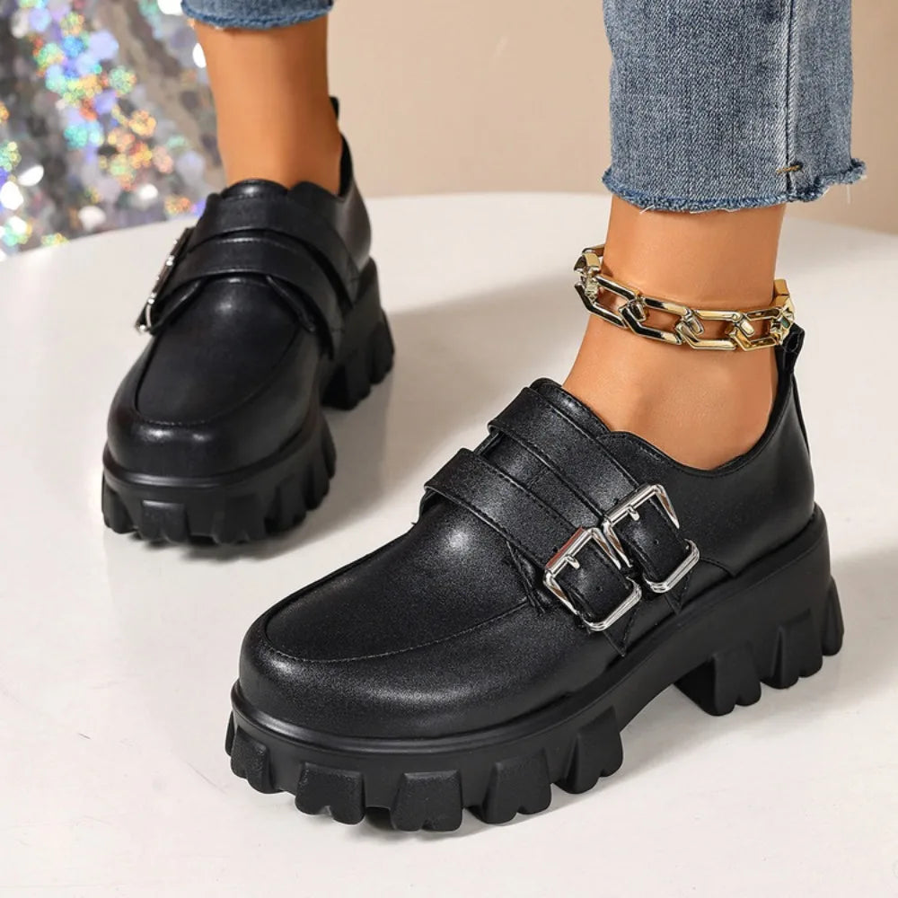 Platform Women's Punk High Heels Loafers Shoes Big Size 45 46 47 Buckle Black Thick Sole Heeled Punk Shoes Ladies 2026 Spring