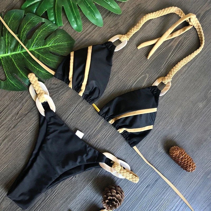 Splicing Halter Knitted Bikini Women Swimwear Female Swimsuit Two-pieces Bikini Set Brazilian Bather Bathing Suit Swim Beachwear