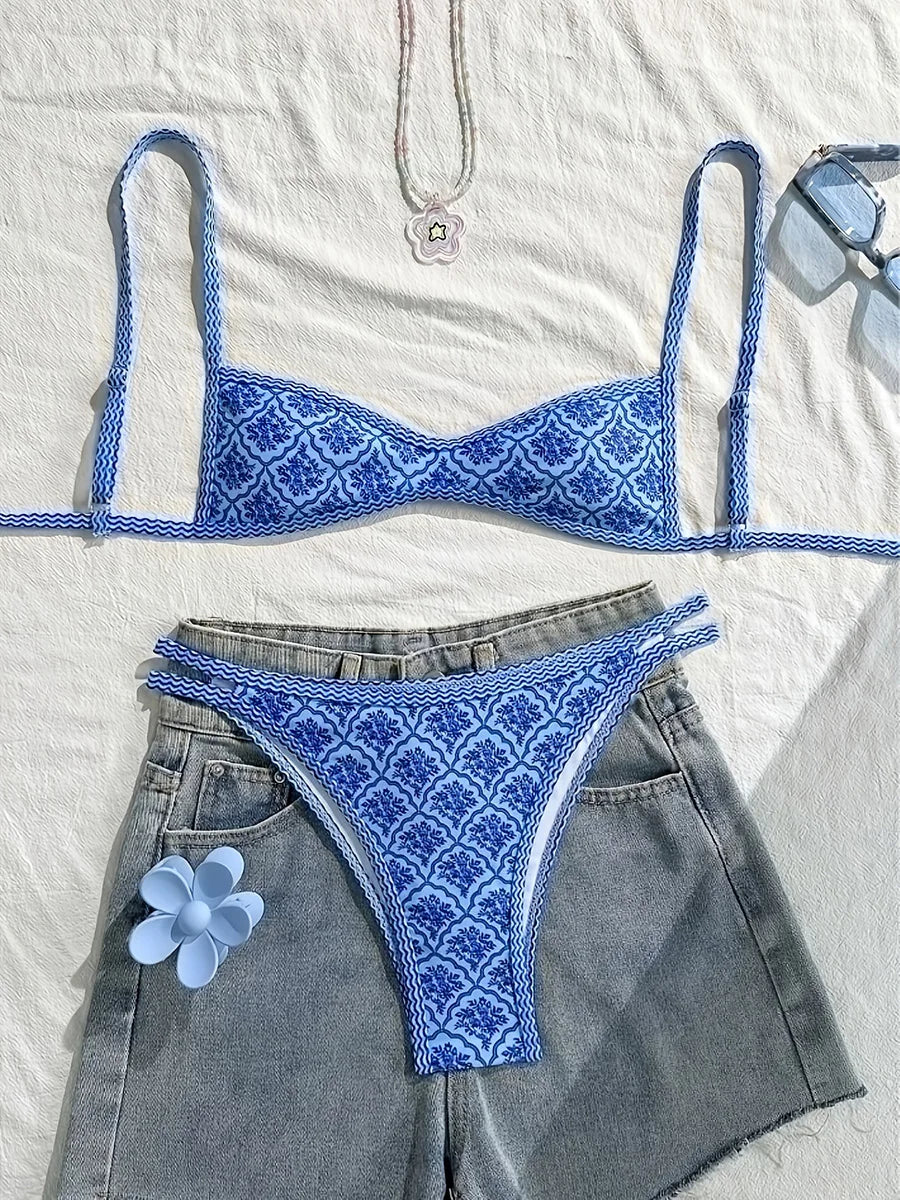 XS - XL Flowers Printed High Leg Cut Bikini Female Swimsuit Women Swimwear Two-pieces Bikini Set Bather Bathing Suit Swim Lady