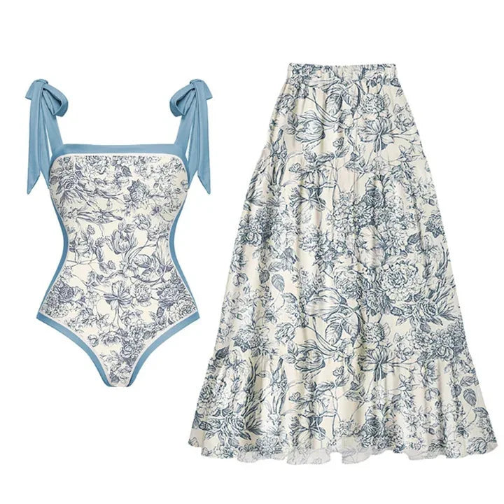 2025 New 2PC Push Up Women Bikini Set Skirt Floral Printed Bikinis Strappy Bandage Swimwear Brazilian Biquini Bathing Suit