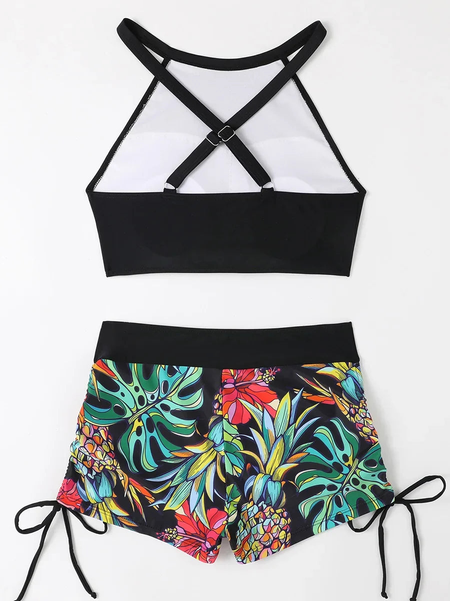 2026 Print High Waist Swimsuit Women High Neck Bikini Drawstring Swimwear Female Bathers Bathing Swimming Swim Suit Beachwear