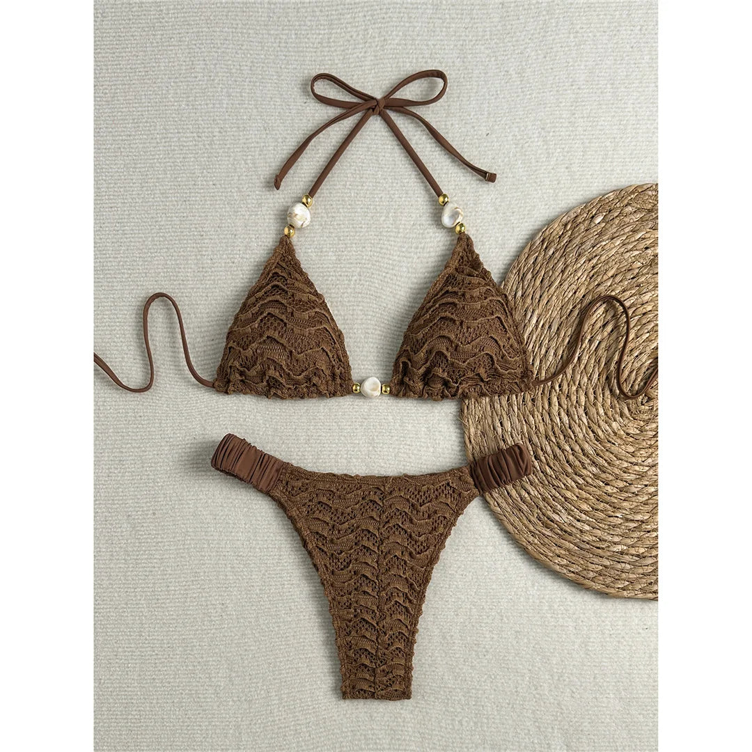 2026 Wrinkled Crinkled Halter Bikini Women Swimwear Female Swimsuit Padded Bather Bathing Suit Swim Two-pieces Bikini set K8135