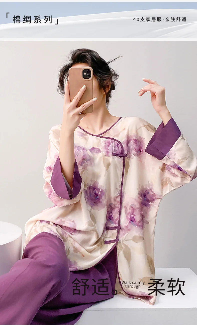 Plus size mother's cotton silk pajamas spring and summer new Chinese style can be worn outside home clothes Mother's Day gift