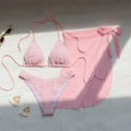 Pink Solid Color 3-piece Swimsuit Women 2026 Summer Beach Skirt Bikini V-neck Halter Backless Bathing Suit Summer Beach Swimwear