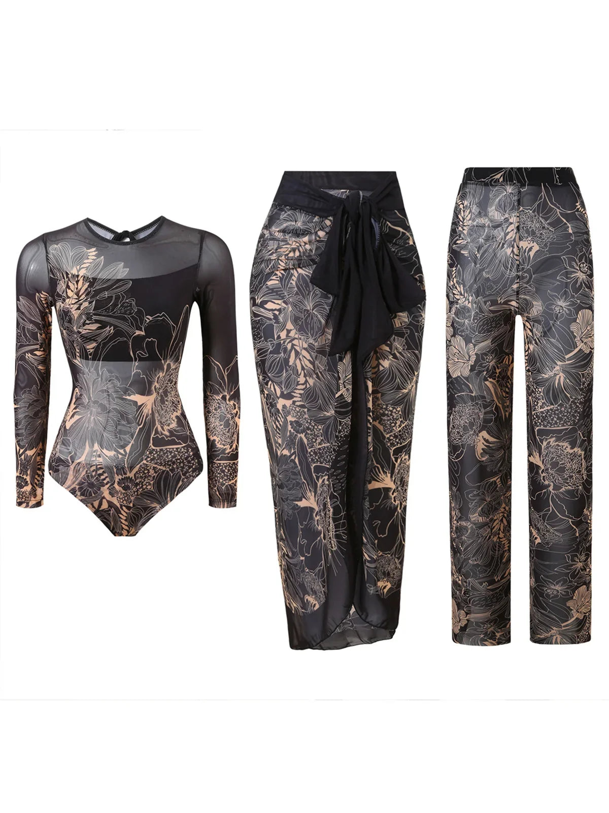 S - XXL 3PCS New Printed Long Sleeve With Pants Sarong Women Swimwear One Piece Swimsuit Female Bather Bathing Suit Swim K7180