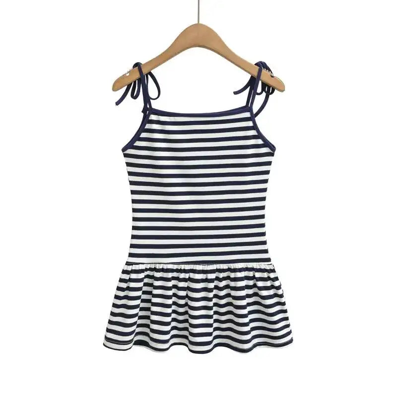 Sweet Double-shoulder Strap Striped Color-block Camisole For Women Unique Design Patchwork Pure Desire Dress Elegant Casual WIKO