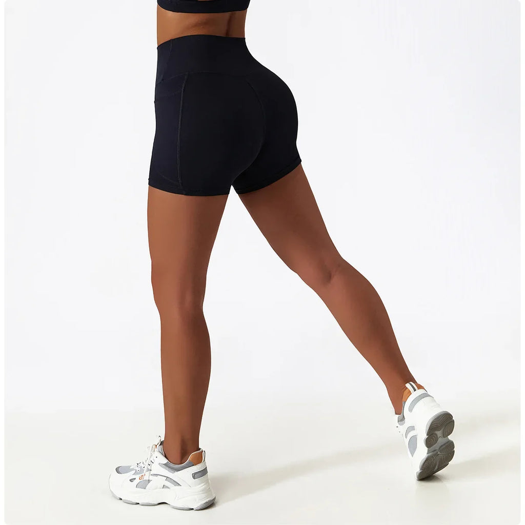 Comfortable Skin Friendly Summer High Waist Yoga Shorts Gym Hip Lift Pants Pocket Breathable Running Cycling Sports Shorts Women