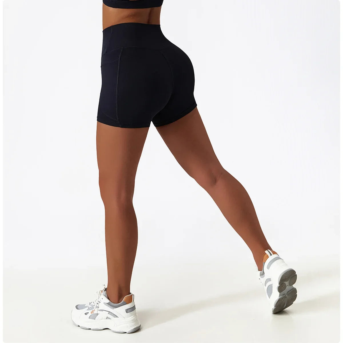 Comfortable Skin Friendly Summer High Waist Yoga Shorts Gym Hip Lift Pants Pocket Breathable Running Cycling Sports Shorts Women