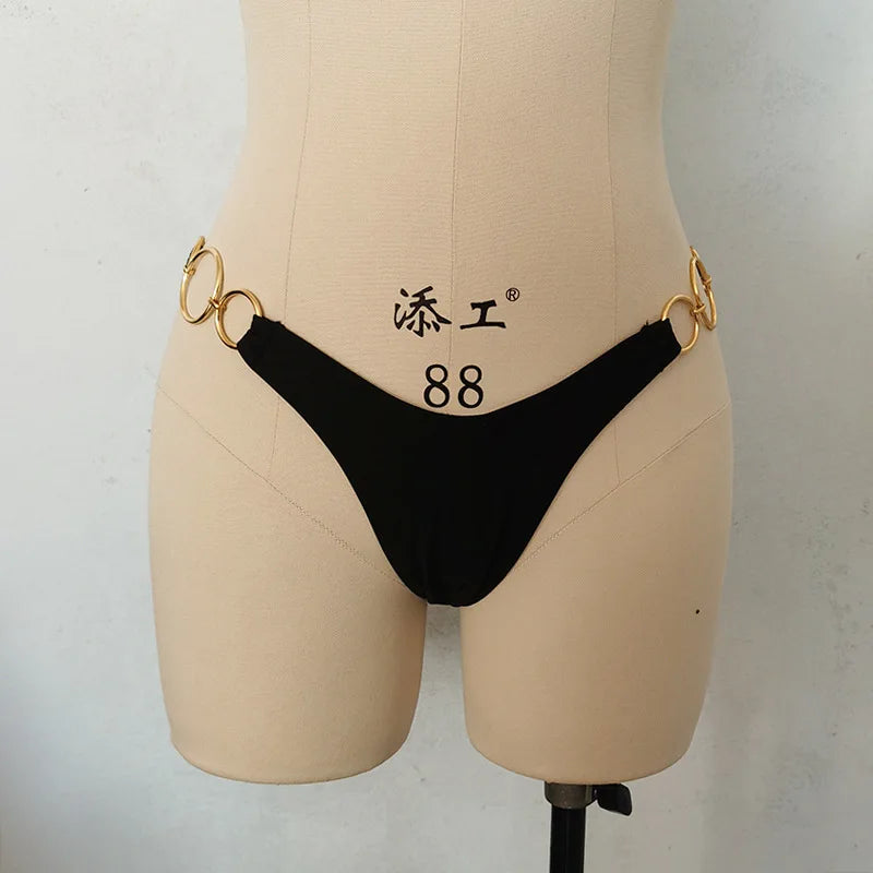 Sexy Low Waist Women Bikini Bottom Side Metal Buckles Hollow Out Swimming Thongs Summer Beach G-String Bathing Swimming Trucks