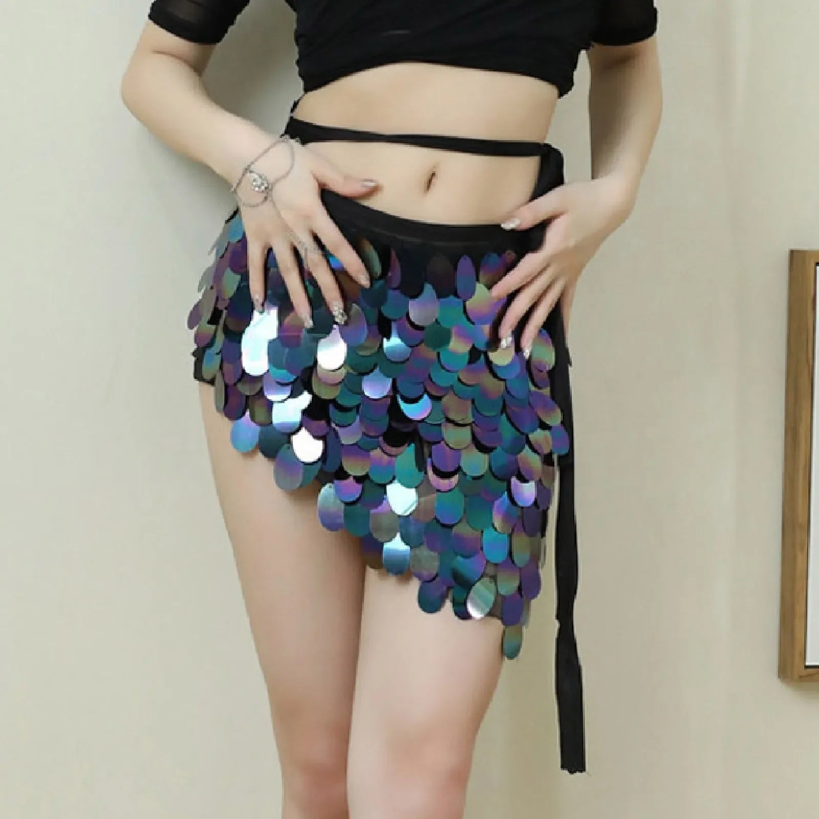 Womens Iridescent Sequin Mini Skirt Tie Waist Asymmetrical Hem Bodycon Skirt Shiny Sparkle Bottoms For Beach Cover Up Party Rave