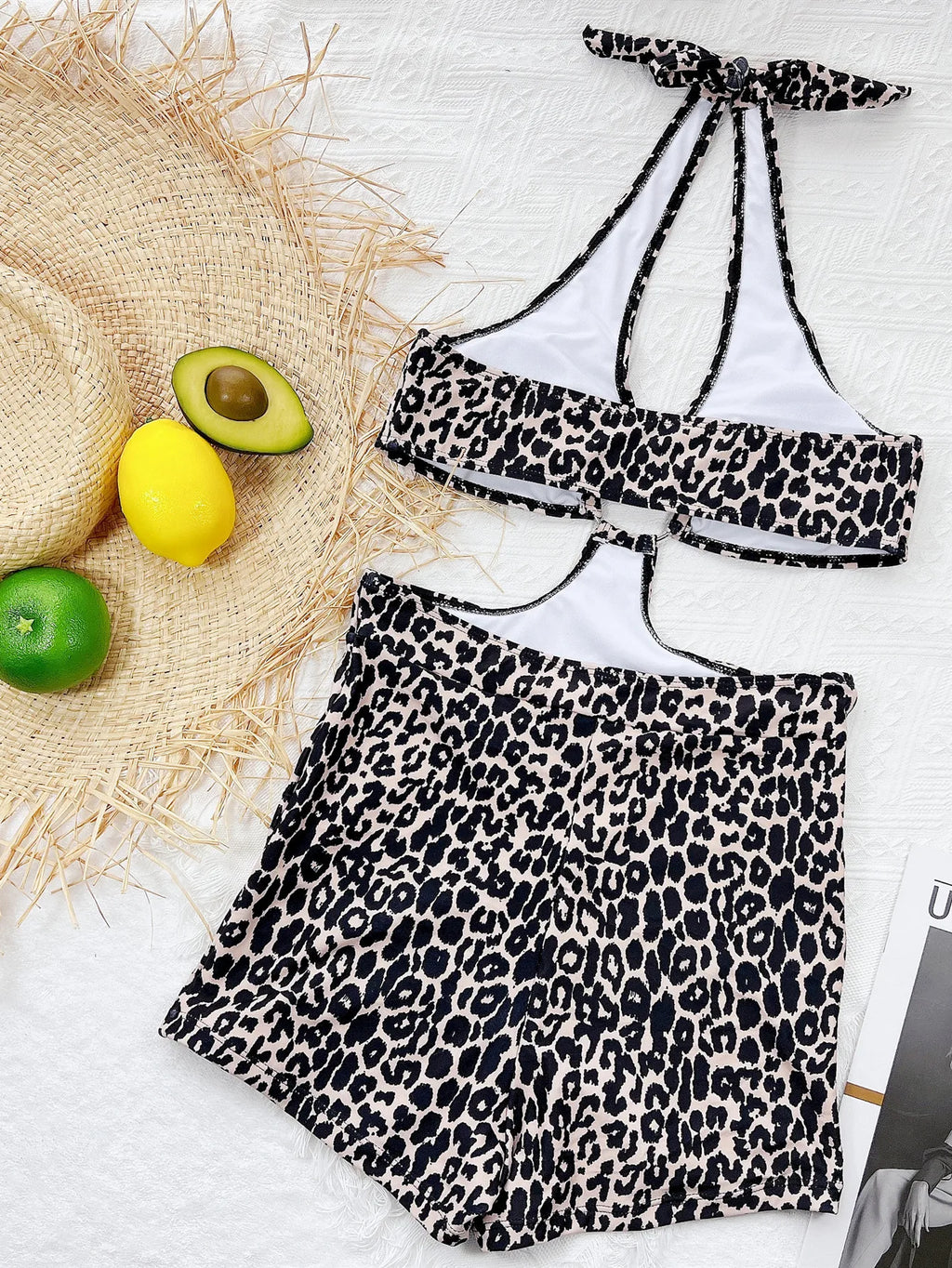 2 Colors Sexy One Piece Swimsuit Swimwear Women Black Leopard Colorful Print High Waist Halter Bathing Suit Beachwear Metal Hoop