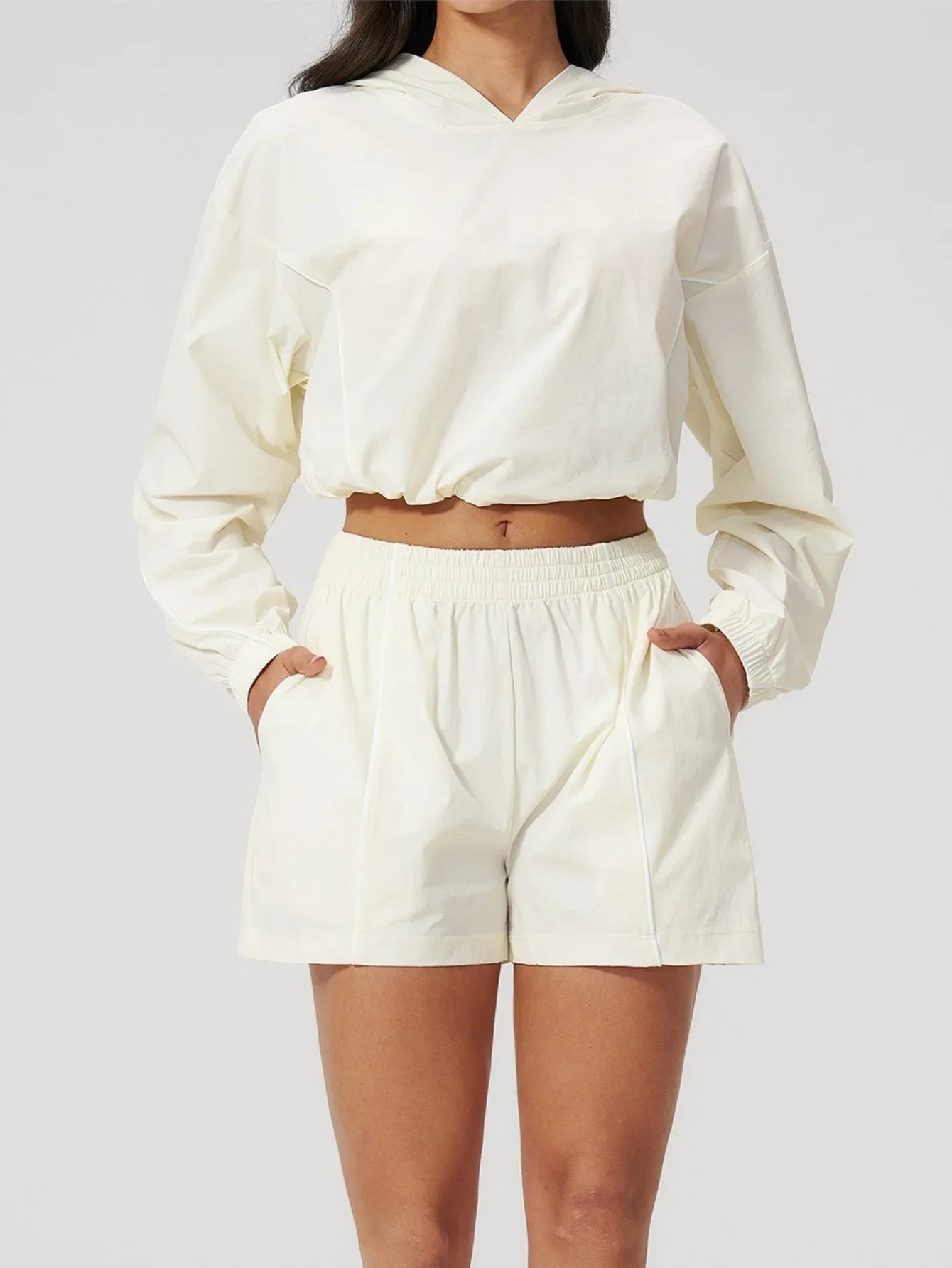 Summer Sun Protection Yoga Suit Women Contrasting Colors Long Sleeve Hoodies Top High Waist Shorts Running Fitness Athletic Wear