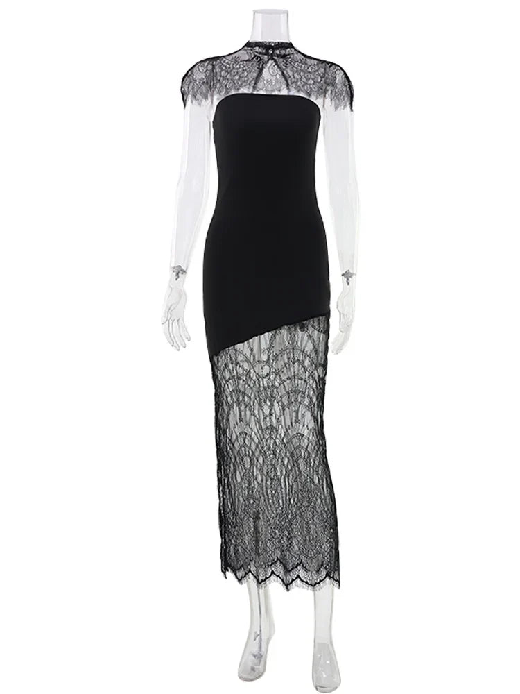 Ahagaga Fashion Women's Maxi Dresses Lace Patchwork Sexy Sheer Split Bodycon Slim Fit Turtleneck Sheath Female Party Vestidos